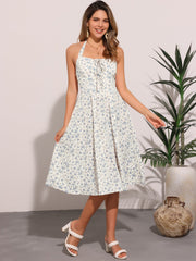 Halter Neck Floral Summer Sundress Sleeveless Lace Up Midi Dress