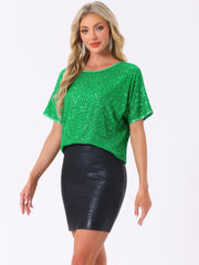 Sequin Top Round Neck Short Sleeve Party Clubwear Blouse