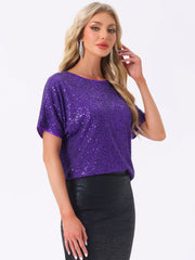 Sequin Top Round Neck Short Sleeve Party Clubwear Blouse