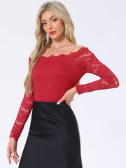 Off Shoulder Floral Lace Top Sheer Long Sleeves Casual Blouse