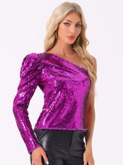 Sparkly Sequin One Shoulder Puff Long Sleeve Shimmer Tops