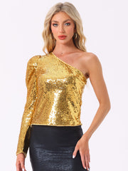 Sparkly Sequin One Shoulder Puff Long Sleeve Shimmer Tops
