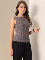 Tweed Plaid Sleeveless Crew Neck Buckle Decor Blouse
