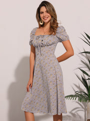 Square Neck Smocked Shirred Puff Sleeves Floral Midi Dress