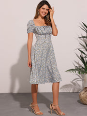 Square Neck Smocked Shirred Puff Sleeves Floral Midi Dress