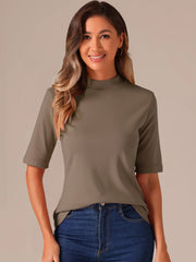 Mock Neck Solid Color Short Sleeves Casual T-shirts