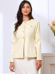 Collarless Button Down Long Sleeve Peplum Jackets