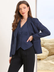Notched Lapel One Button Long Sleeve Work Office Striped Blazer