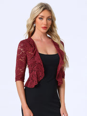 Lace Sheer 3/4 Sleeve Ruffle Hem Open Front Bolero Shrug