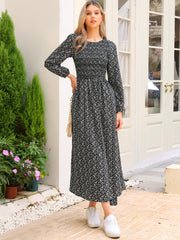 Floral Smocked Long Puff Sleeve A-Line Maxi Dress