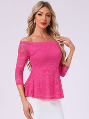 Elegant Lace Blouse Semi Sheer 3/4 Sleeve Off Shoulder Peplum Top