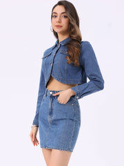 Collared Button Down Long Sleeve Denim Crop Jean Jacket