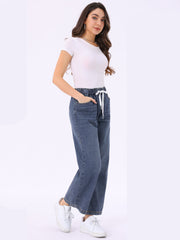 Casual Denim Pants Drawstring Elastic Waist Wide Legs Jeans