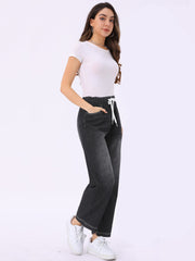 Casual Denim Pants Drawstring Elastic Waist Wide Legs Jeans