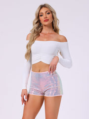 Sequin Midrise Solid Sparkle Cocktail Zipper Elastic Waist Shorts