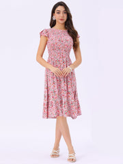 Midi Smocked Cap Short Sleeve Floral Fit and Flare Dress