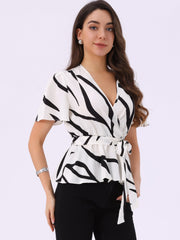 Printed V Neck Elastic Waist Belt Ruffle Peplum Blouse