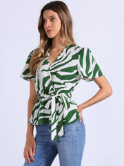 Printed V Neck Elastic Waist Belt Ruffle Peplum Blouse