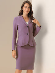 Long Sleeve Notched Lapel Peplum Blazer Pencil Skirt 2 Piece Set