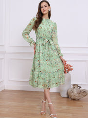 Floral Long Sleeve Belted Flowy Chiffon Midi Dress