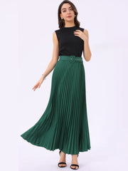 Flowy Pleated Elastic High Waist Belted Swing A-line Maxi Skirt
