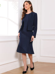 2 Pieces Long Sleeves Collarless Jacket & Sleeveless Fishtail Midi Dress Sets