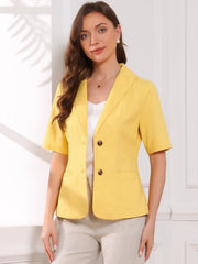 Cotton Linen Office Business Short Sleeve Notched Lapel Blazer Jacket