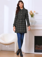 Single Breasted Plaid Long Sleeves Pocketed Pea Coat