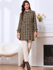 Single Breasted Plaid Long Sleeves Pocketed Pea Coat