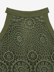 Elegant Floral Lace & Adjustable Straps Solid Color Halter Neck Lace Sleeveless Blouse