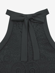 Elegant Floral Lace & Adjustable Straps Solid Color Halter Neck Lace Sleeveless Blouse