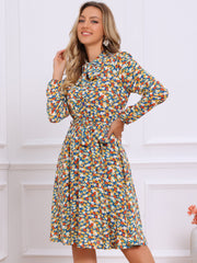 Tie Neck Chiffon Long Sleeve Belted Vintage Floral Dress