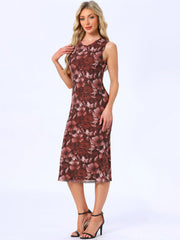 Mesh Floral Sleeveless Bodycon Cocktail Midi Dress