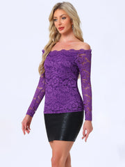 Off Shoulder Floral Lace Top Sheer Long Sleeves Casual Blouse