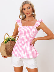 Gingham Peplum Top Summer Square Neck Sleeveless Plaid Blouse
