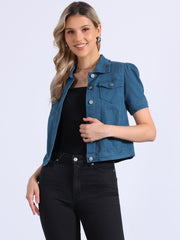 Casual Short Puff Sleeves Button-Down Jean Denim Jacket
