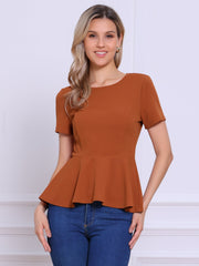 Short Sleeve Round Neck Solid Color Peplum Blouse
