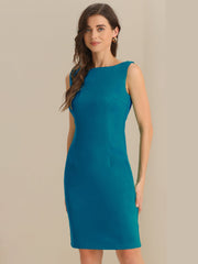 Sleeveless Boat Neck Casual Office Solid Midi Sheath Dress