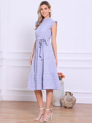 Mock Neck Ruffled Textured Cap Sleeve Tiered Midi Dress