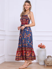 Boho Floral Summer Spaghetti Strap A-Line Flowy Smocked Midi Dress Sundress