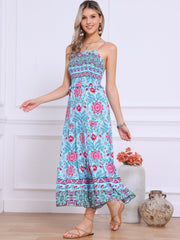 Boho Floral Summer Spaghetti Strap A-Line Flowy Smocked Midi Dress Sundress