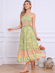 Boho Floral Summer Spaghetti Strap A-Line Flowy Smocked Midi Dress Sundress