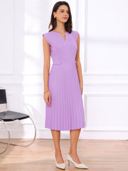 Sleeveless Dress Casual V Neck Button Pleated Midi Dress