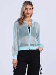 Zip Up Long Sleeve Mesh Sheer Hoodie Bomber Jackets