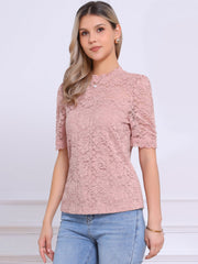 Floral Lace Mock Neck Puff Short Sleeve Blouse