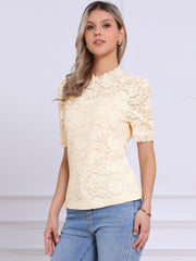 Floral Lace Mock Neck Puff Short Sleeve Blouse