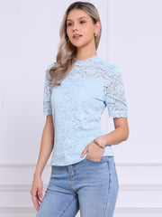 Floral Lace Mock Neck Puff Short Sleeve Blouse