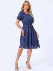 Square Neck Metallic Stars Ruffle Short Sleeve A-Line Smocked Waist Midi Dress