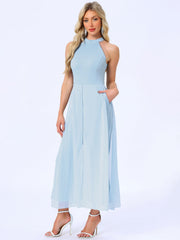 Sleeveless Halter Neck Belted Elegant Wedding Cocktail Dressy Jumpsuits