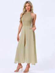 Sleeveless Halter Neck Belted Elegant Wedding Cocktail Dressy Jumpsuits